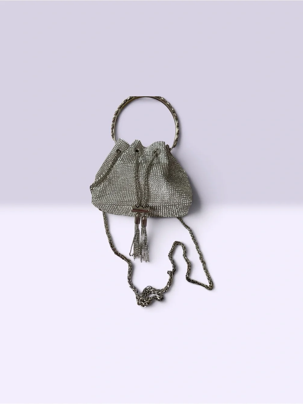 NWT Womens Silver Crystal Drawstring Bucket Bag 10” x 4” x 24”